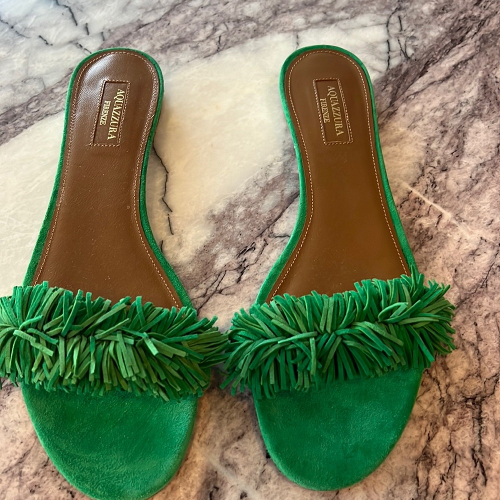 Aquazzura Green Suede Wild Thing Fringe Trimmed Flat Slides Size 39.5
